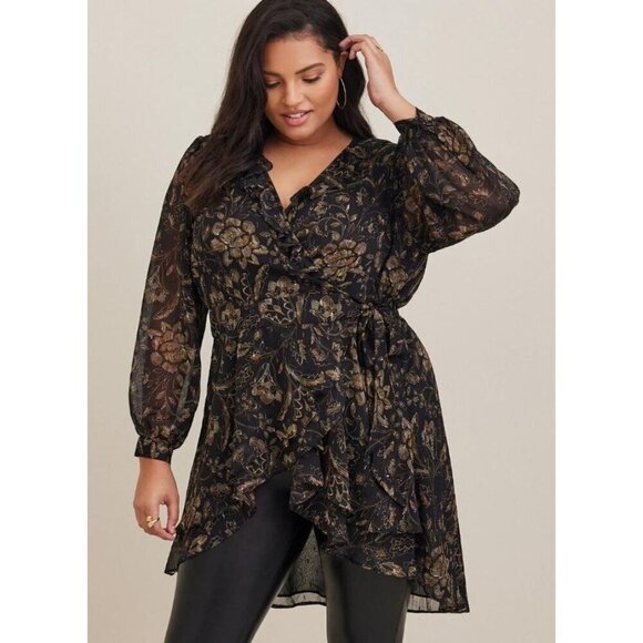 Torrid Sz 0 Chiffon Layered Tie Front Tunic Blouse Top Black Whimsical Fairy - Picture 1 of 10